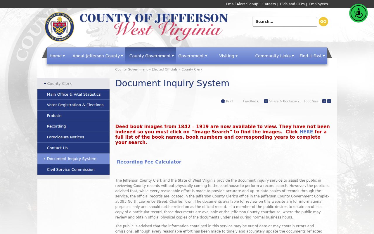 Jefferson County property records notice for unindexed deed images from 1842 to 1919