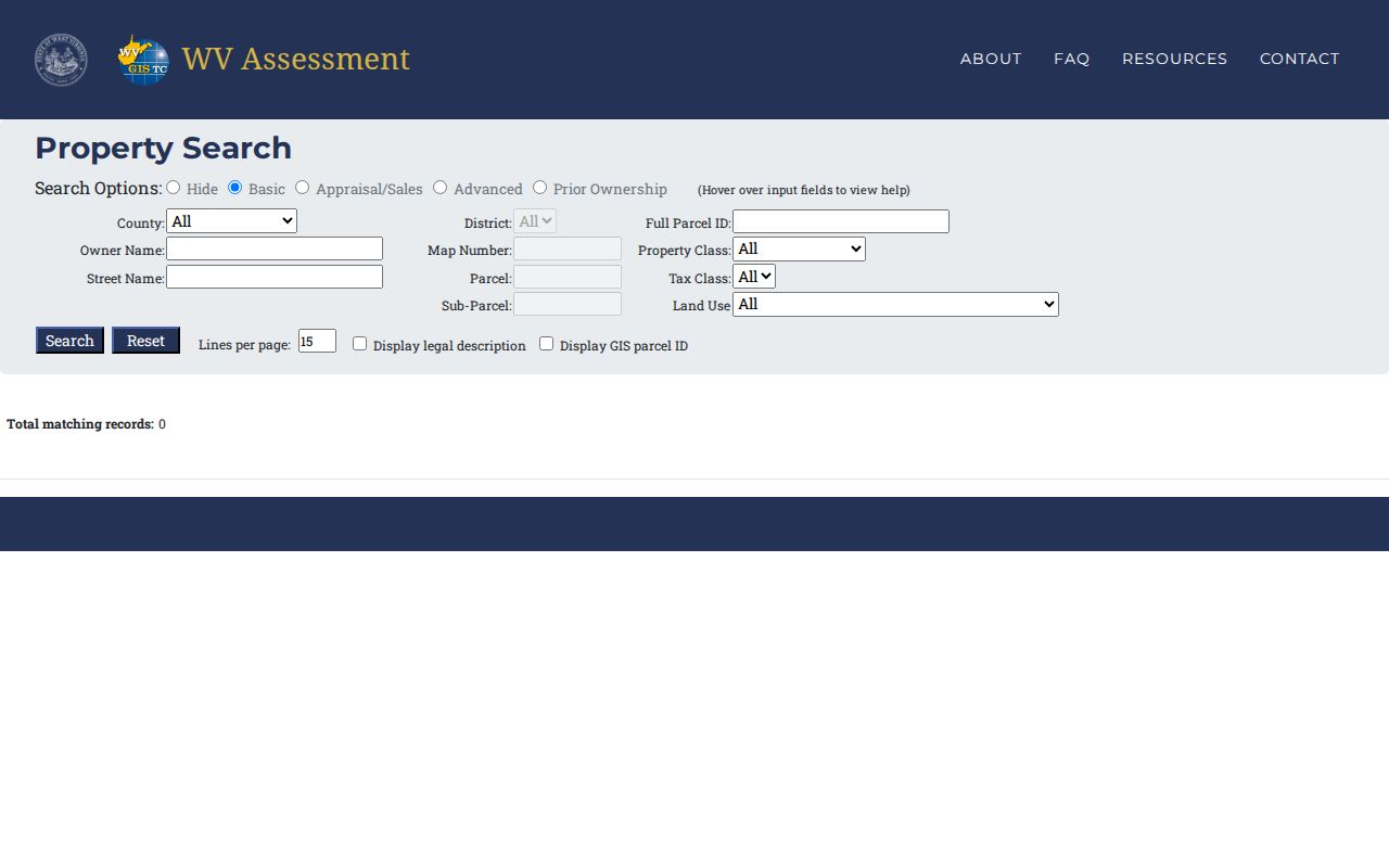 Jefferson County property records search fields in the West Virginia assessment portal